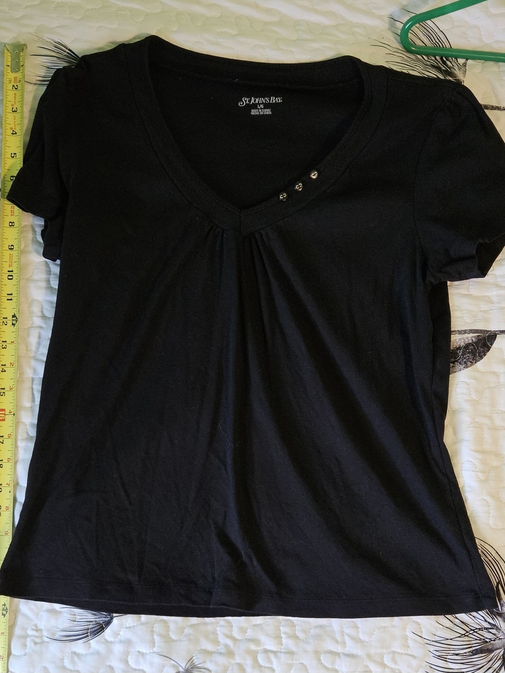 St. John's Bay Black Short Sleeve V-Neck Top with Pleat Detail